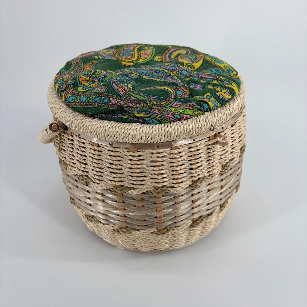 Vintage 1960s Sewing Woven Basket Green Pink  Paisley Fabric Handle Tray Japan